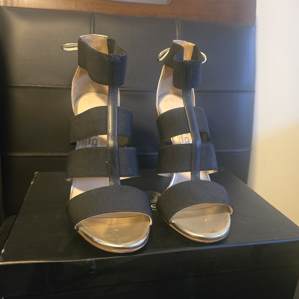 Jimmy Choo Black and Gold Strap Heels